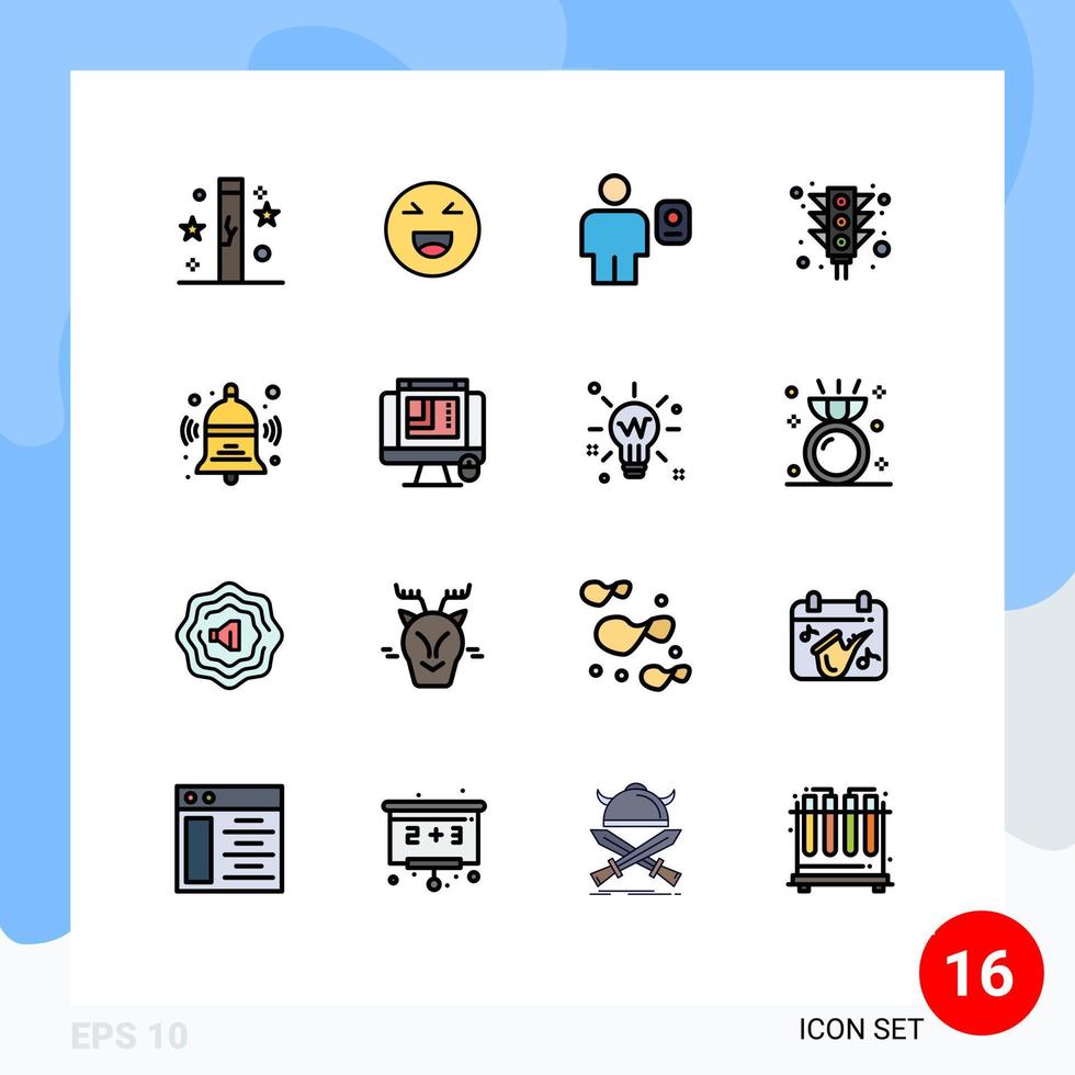 conjunto de linhas cheias de cor plana de interface móvel de 16 pictogramas de luz de sinal cidade feliz elementos de design de vetores criativos editáveis humanos