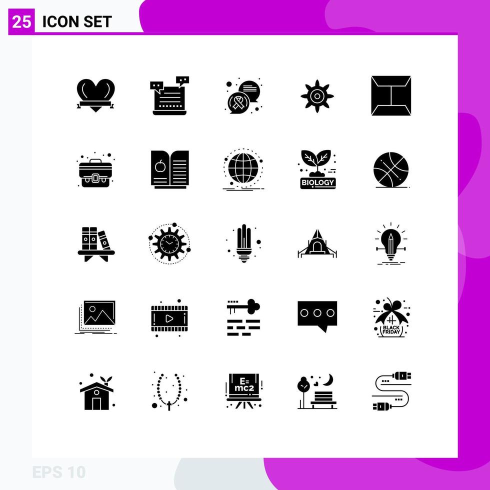 Pacote de glifos sólidos de 25 interfaces de usuário de sinais e símbolos modernos de configuração de envelope de bate-papo de correio comercial elementos de design de vetores editáveis