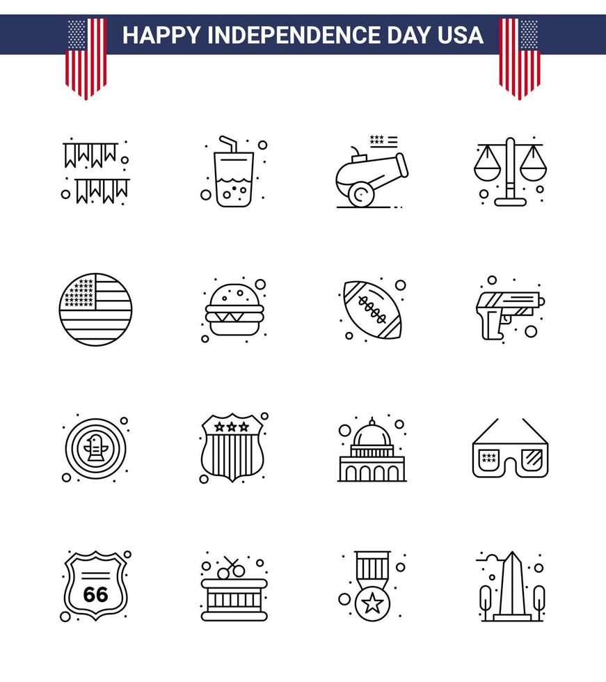 16 ícones criativos dos eua sinais modernos de independência e símbolos de 4 de julho da lei americana cola justiça argamassa editável dia dos eua vetor elementos de design