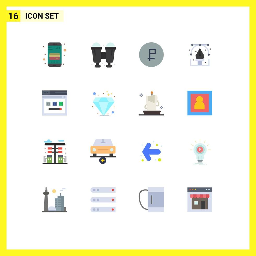 pacote de 16 sinais e símbolos modernos de cores planas para mídia impressa na web, como desenho gráfico de moedas na Internet, pacote editável criativo de elementos de design vetorial criativo vetor