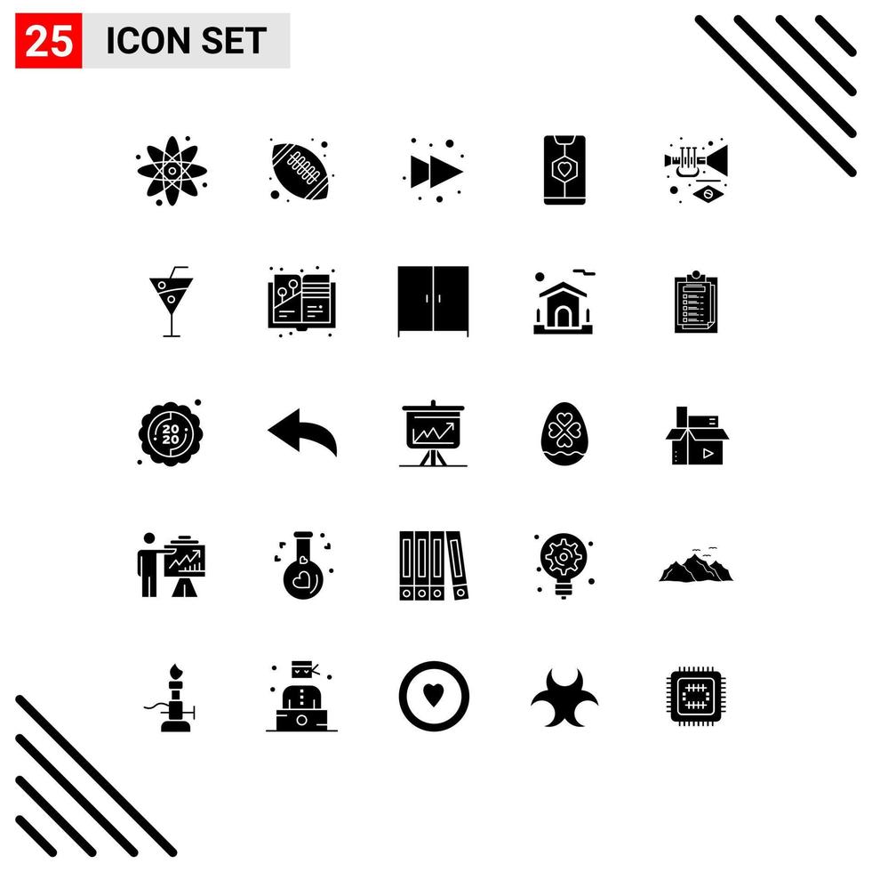 Pacote de glifos sólidos de 25 interfaces de usuário de sinais e símbolos modernos de elementos de design de vetores editáveis de seta de casamento de música