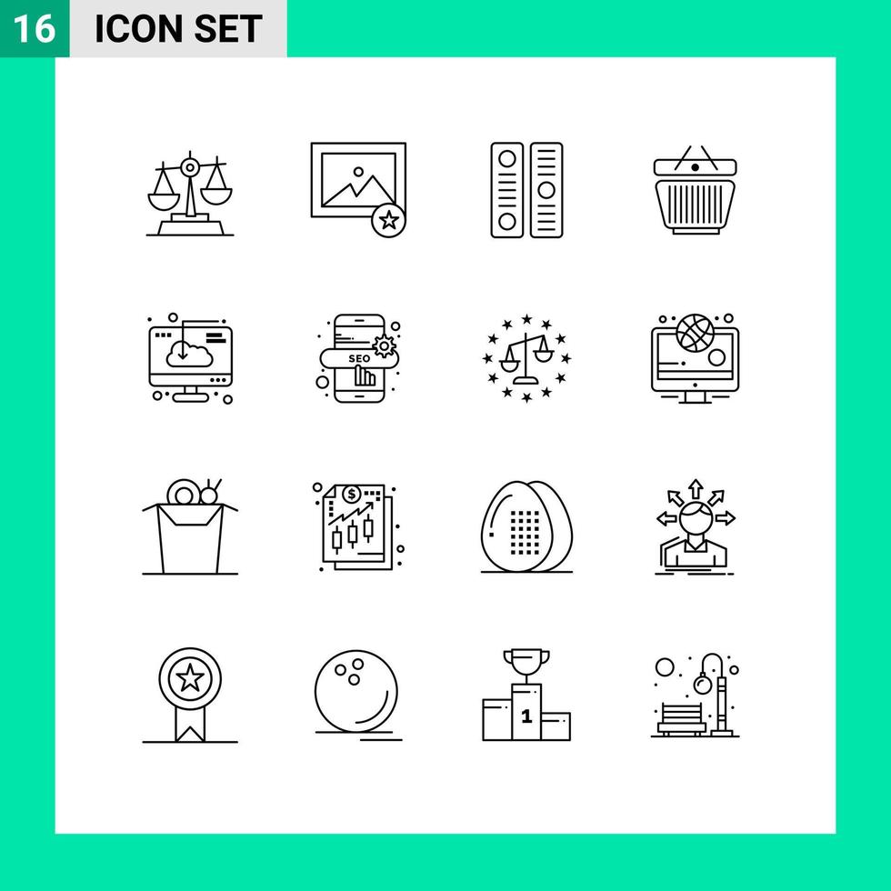 grupo de símbolos de ícone universal de 16 contornos modernos de download de diretório de nuvem, carrinho de varejo, elementos de design de vetores editáveis