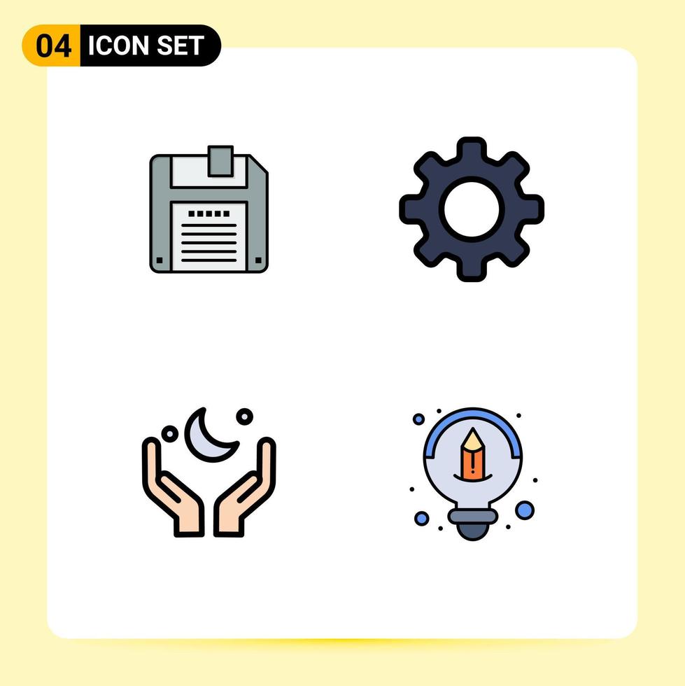 pacote de cores planas de linha preenchida de 4 símbolos universais de configuração básica de lua flexível eid elementos de design de vetores editáveis