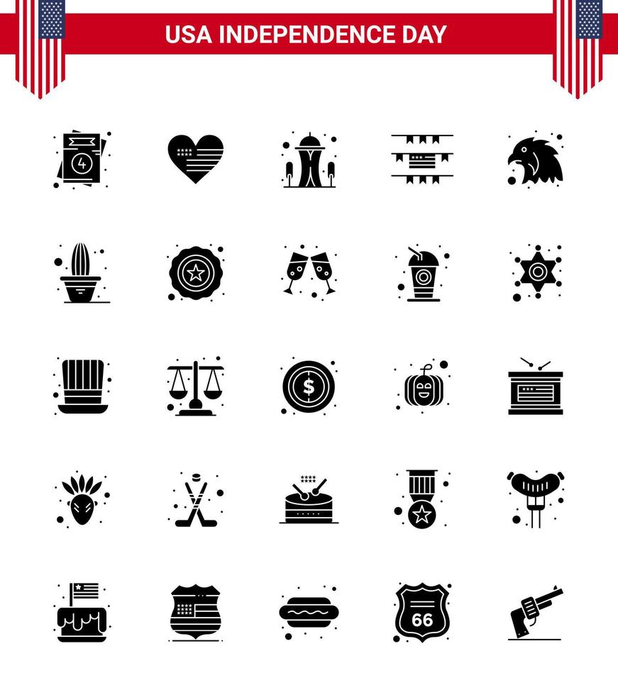 pacote de ícones vetoriais de ações do dia americano 25 sinais e símbolos de glifos sólidos para construção de animais águia bandeiras americanas editáveis elementos de design vetorial do dia dos eua vetor