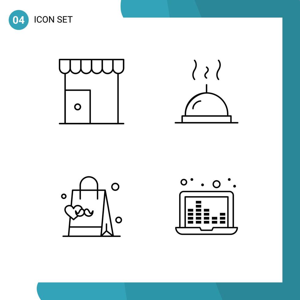 conjunto de pictogramas de 4 cores planas de linha preenchida simples do edifício pai loja comida bolsa de mão elementos de design de vetores editáveis