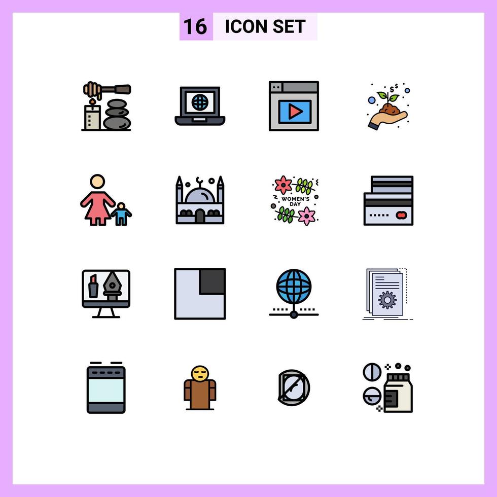 pacote de 16 sinais e símbolos modernos de linhas cheias de cores planas para mídia impressa na web, como elementos de design de vetores criativos editáveis à mão da família da mãe