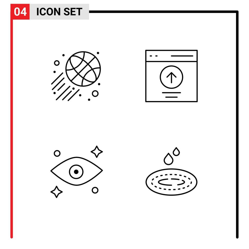 pacote de interface do usuário de 4 cores planas básicas de linhas preenchidas de bola de basquete, olhos, comunicação, upload de chuva, elementos de design de vetores editáveis