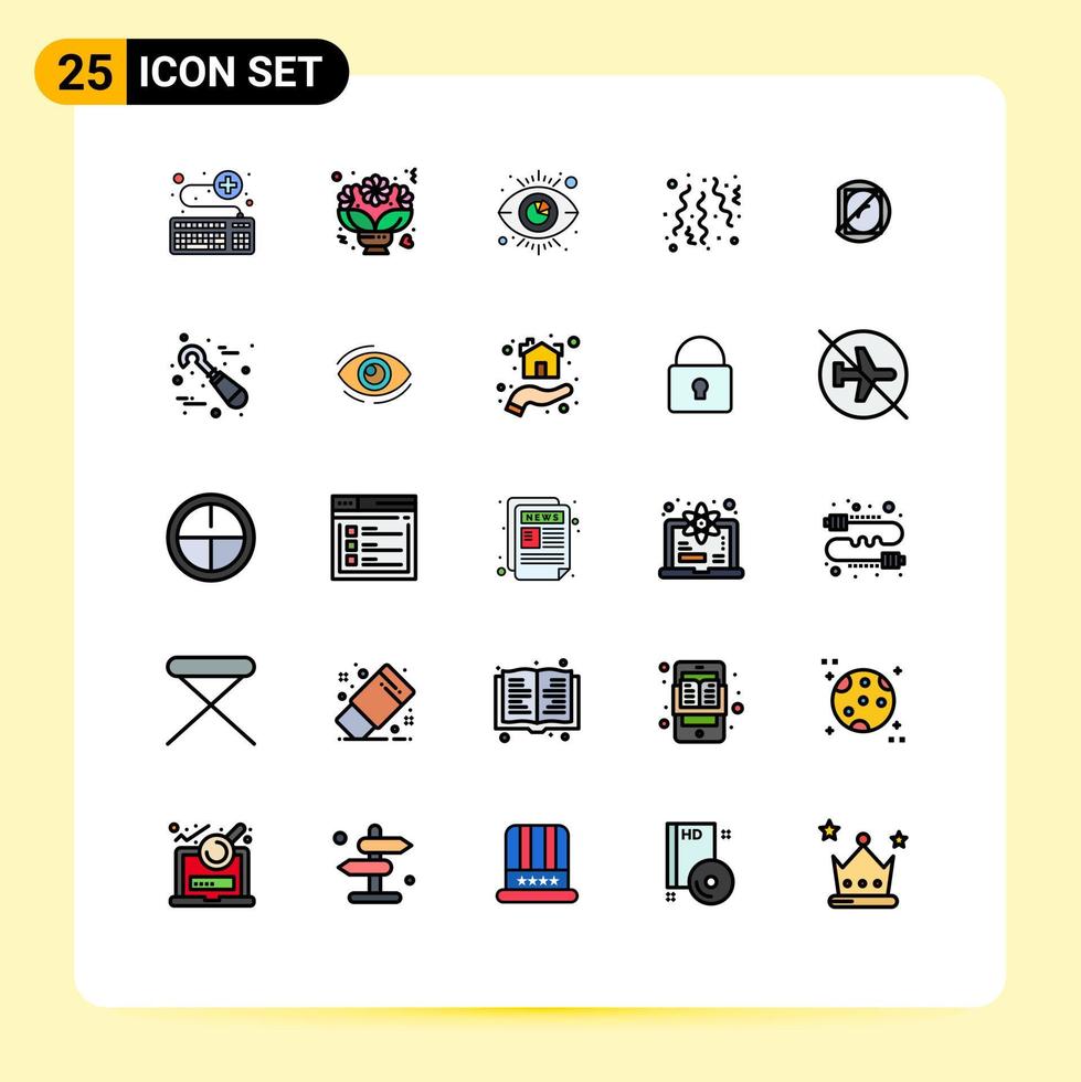 Pacote de cores planas de linha cheia de 25 interfaces de sinais modernos e símbolos de festa celebram elementos de design de vetores editáveis de visibilidade de aniversário romântico