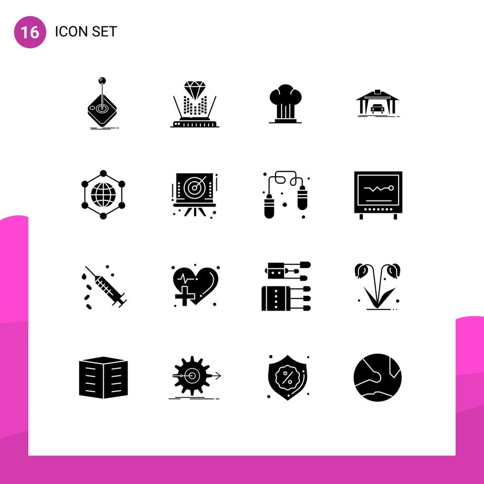 16 conceito de glifo sólido para sites móveis e aplicativos, construção, construção, chapéu de garagem de diamante, elementos de design vetorial editáveis vetor