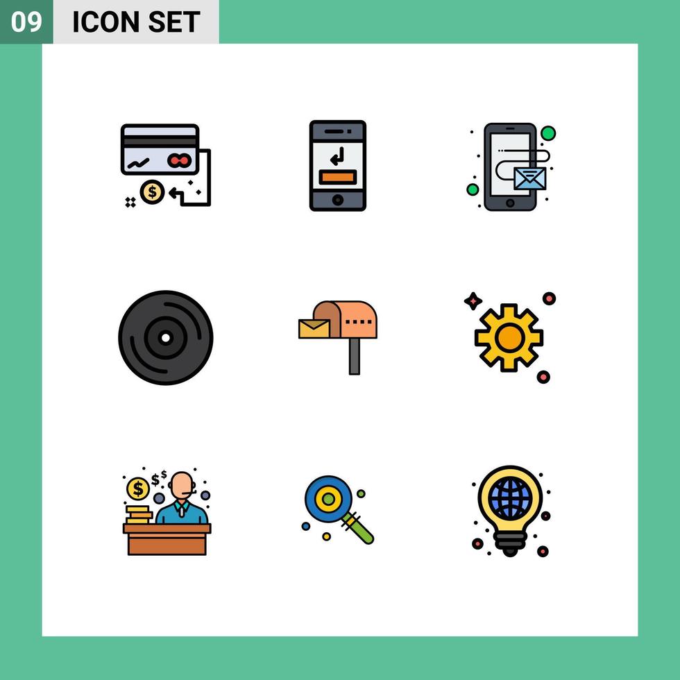 9 interface do usuário pacote de cores planas de linha cheia de sinais e símbolos modernos de e-mail vinil telefone dj móvel elementos de design de vetores editáveis