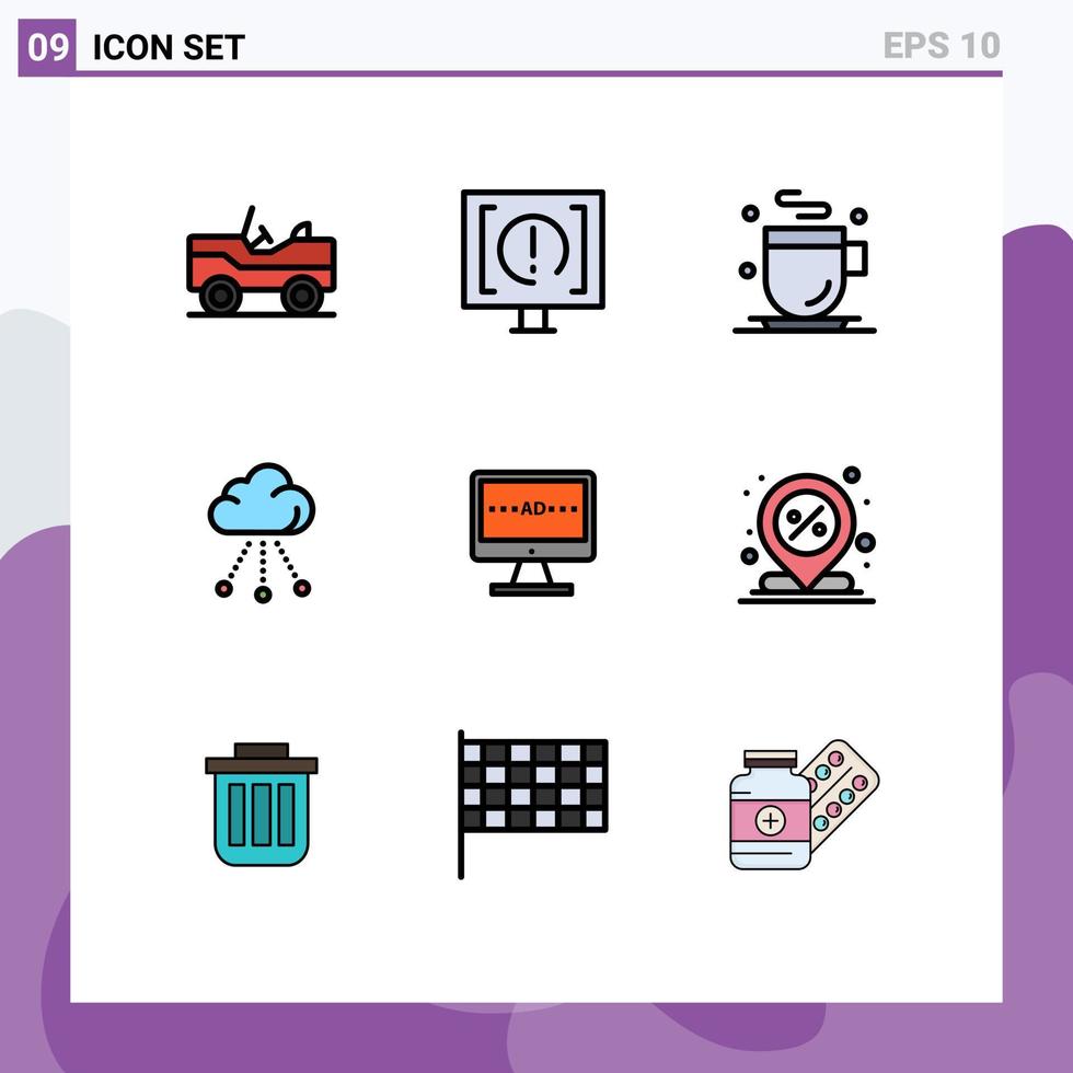 pacote de 9 sinais e símbolos modernos de cores planas de linha preenchida para mídia impressa na web, como televisão, tv, bebida, tecnologia, conexão, elementos de design vetorial editáveis vetor