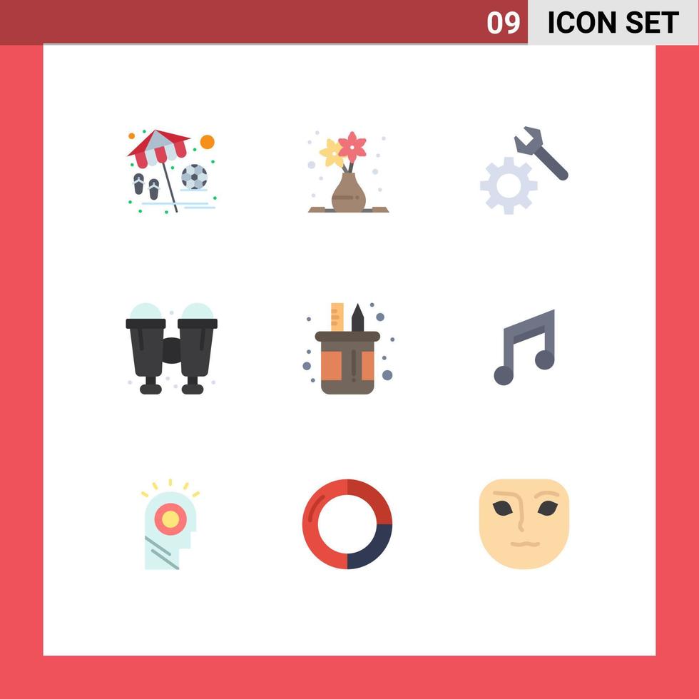 pacote de 9 sinais e símbolos modernos de cores planas para mídia impressa na web, como caixa de configuração de porta-lápis, elementos de design de vetores editáveis de acampamento