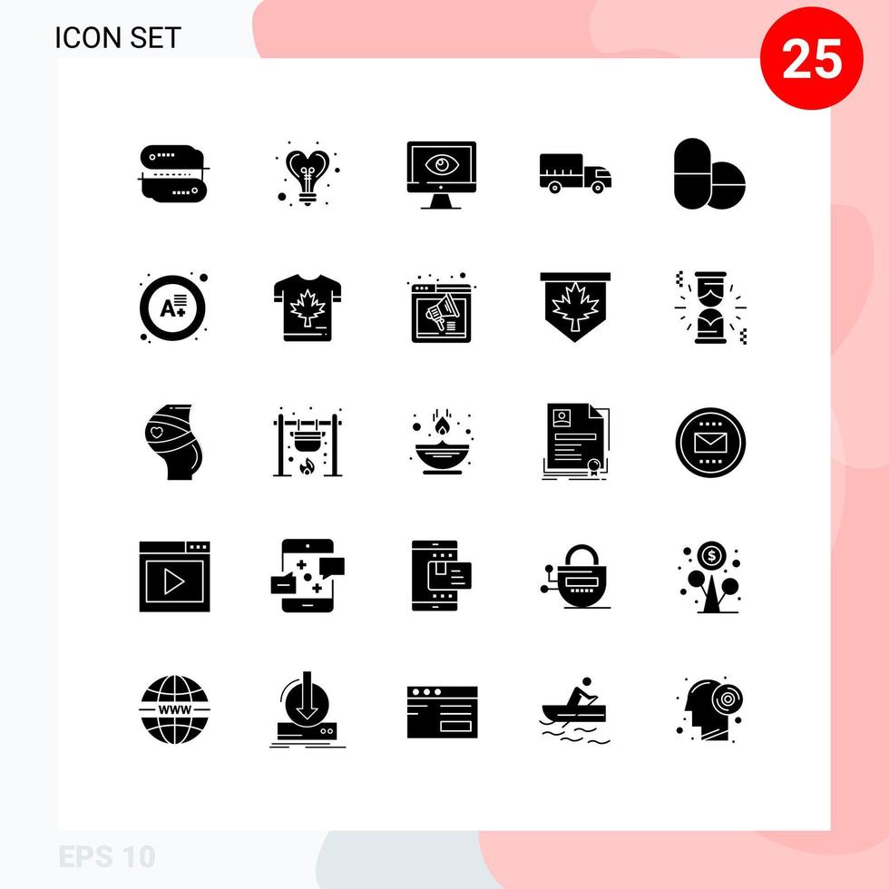 grupo de 25 glifos sólidos modernos definidos para monitor de logística de caminhão entrega vídeo editável elementos de design vetorial vetor