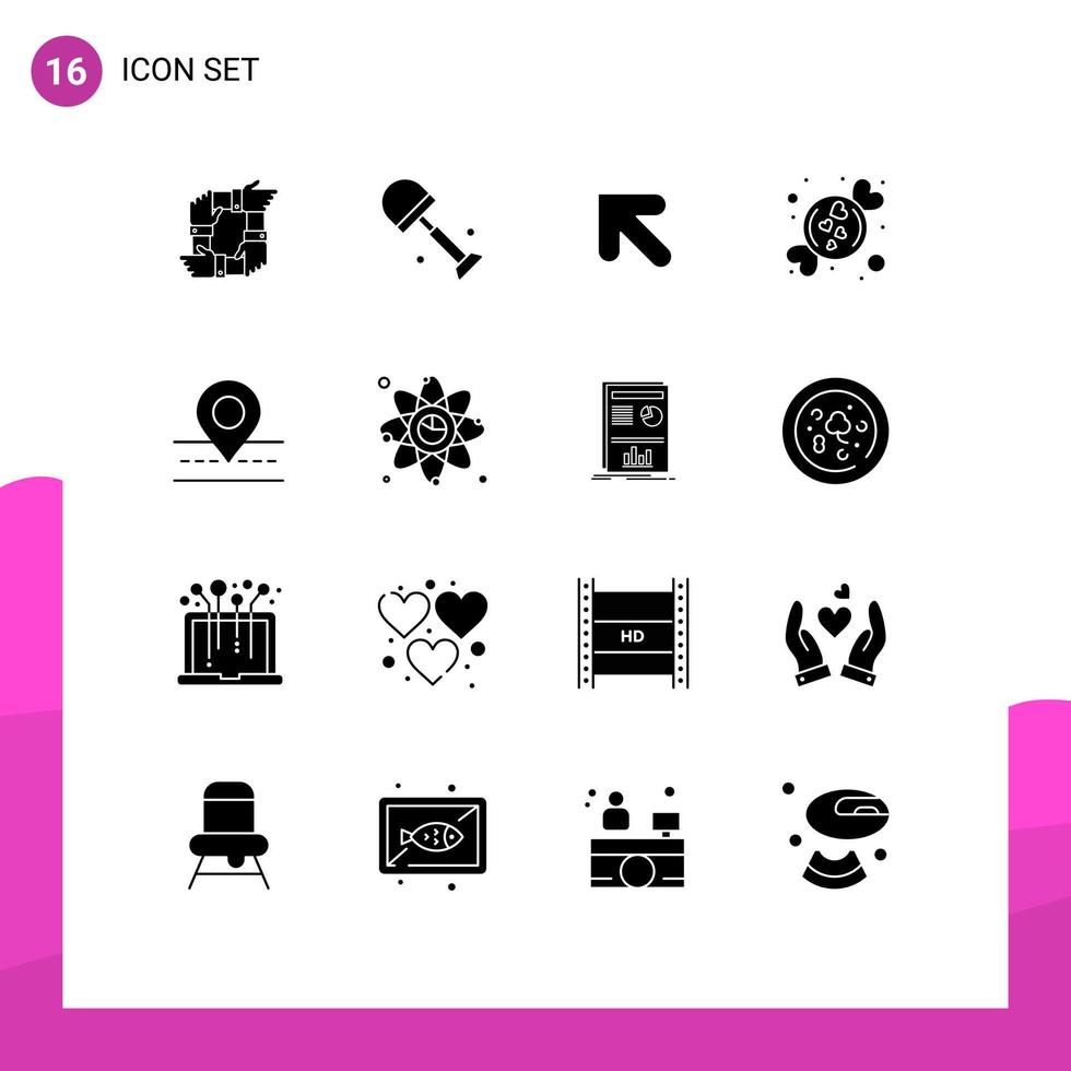 conjunto moderno de 16 glifos e símbolos sólidos, como pás românticas de estrada, amor à esquerda, elementos de design de vetores editáveis