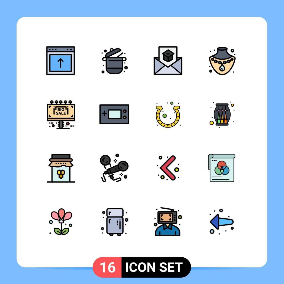 grupo de 16 linhas cheias de cores planas, sinais e símbolos para informações, joias, supermercado, nacklace, convidam elementos de design de vetores criativos editáveis