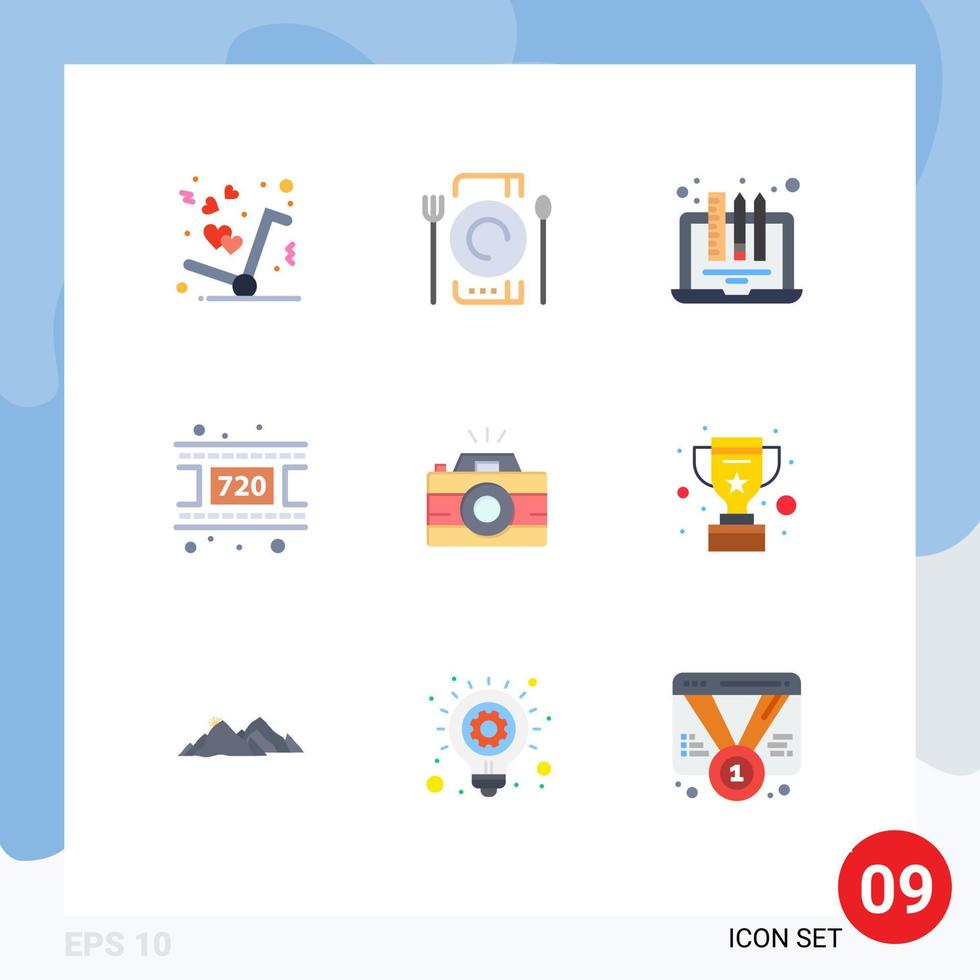 pacote de cores planas de 9 símbolos universais de design de vídeo de imagem, carretel, lápis, elementos de design de vetores editáveis