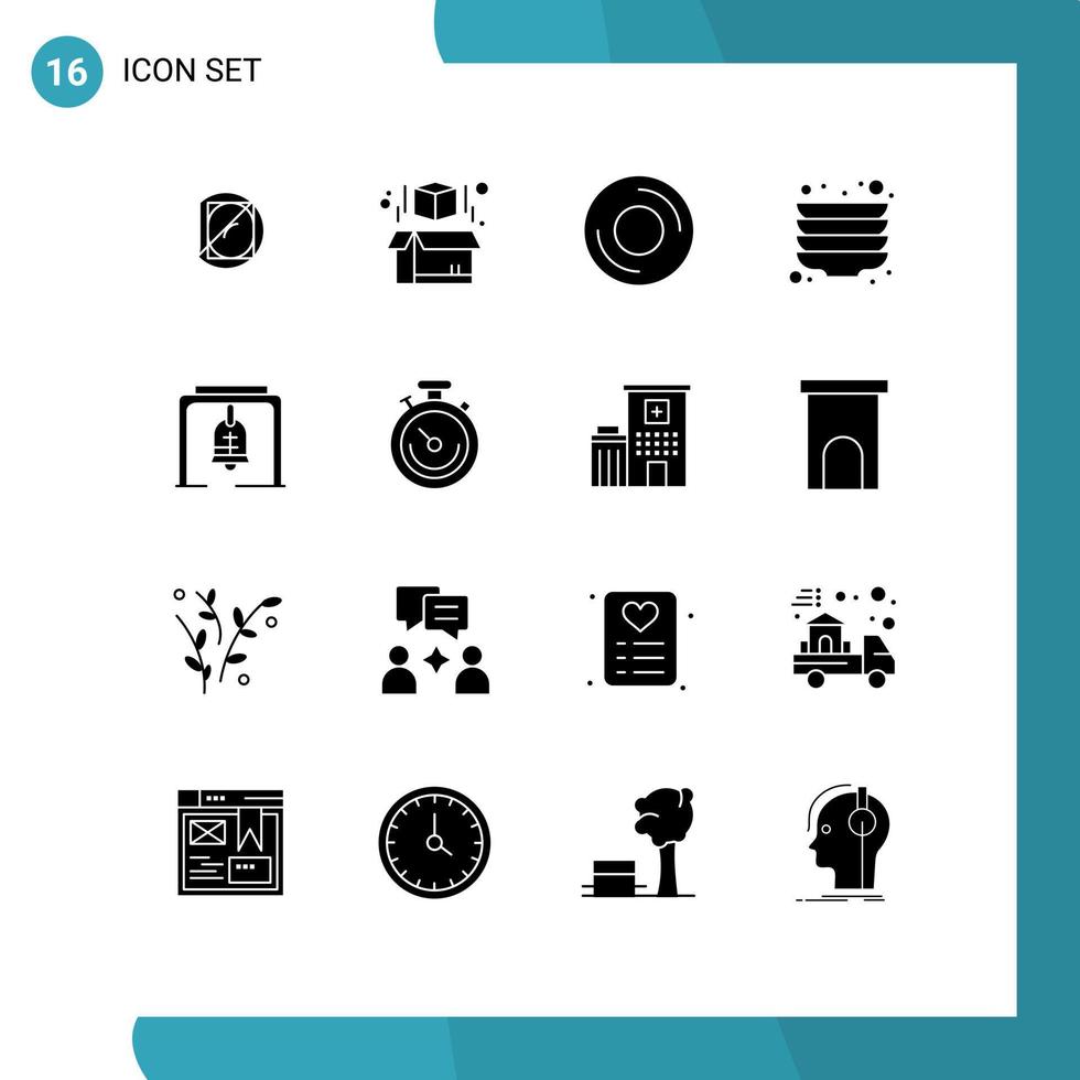 pacote de interface do usuário de 16 glifos sólidos básicos de dispositivos de alerta de sino de natal pratos elementos de design de vetores editáveis de cozinha