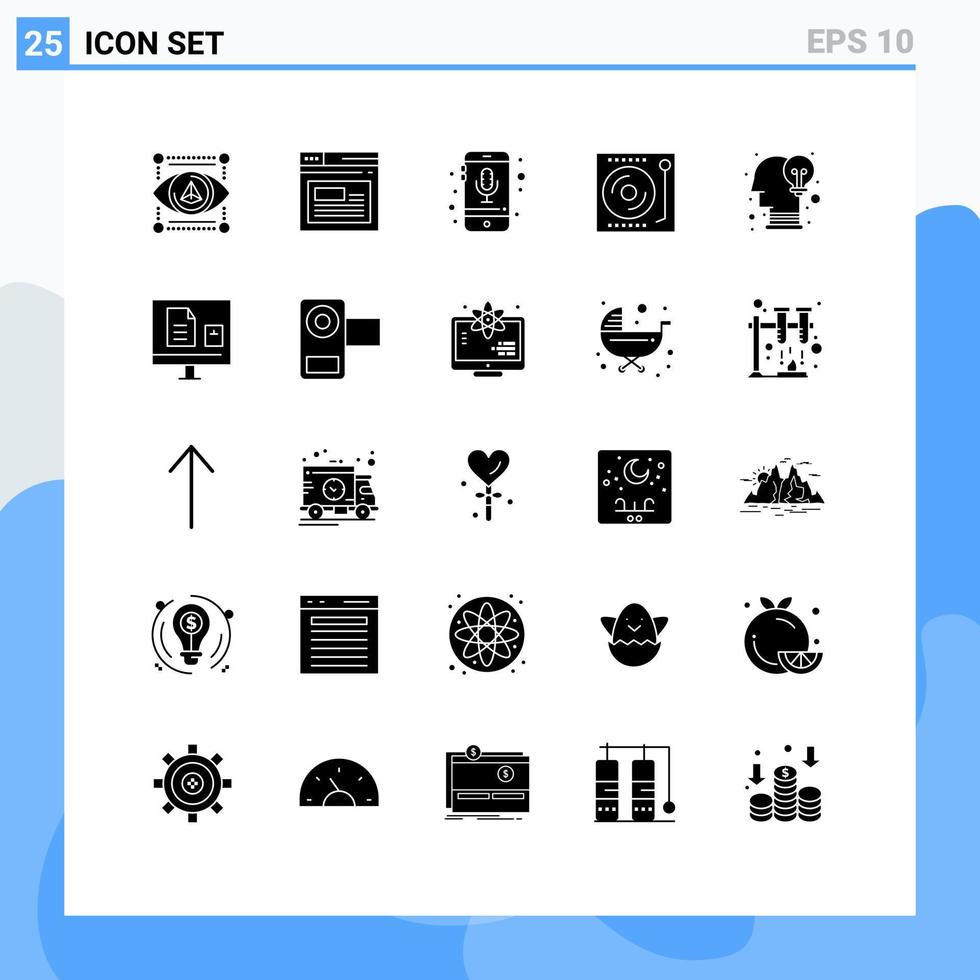 pacote de interface do usuário de 25 glifos sólidos básicos de dispositivo de música de vinil dj smartphone elementos de design de vetores editáveis