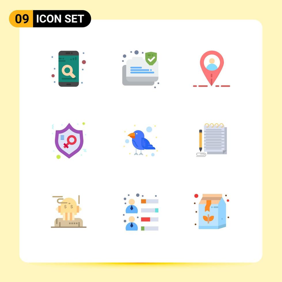 conjunto de 9 pacotes comerciais de cores planas para proteção de localização de mulher papagaio elementos de design de vetores editáveis justiça