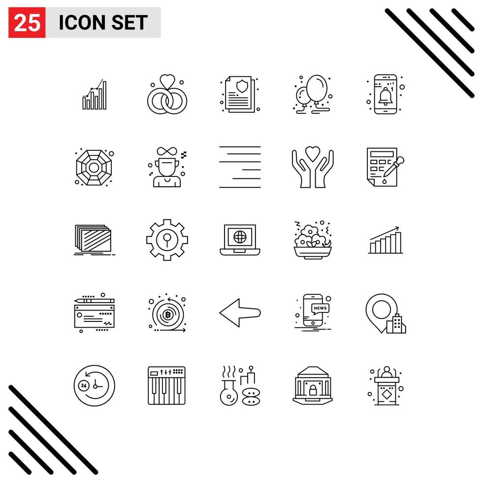 Pacote de linha de interface de usuário 25 de sinais e símbolos modernos de anéis de aniversário de festa apólice de seguro de balão elementos de design de vetores editáveis