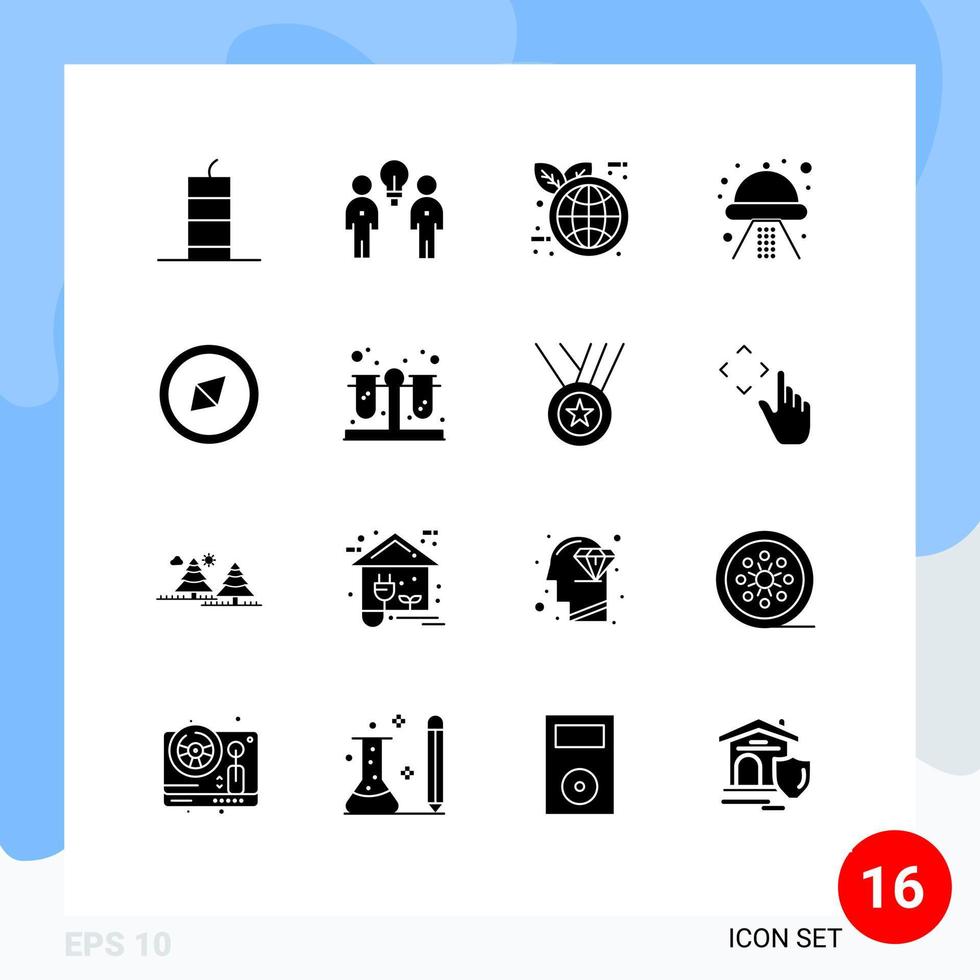 conjunto de glifos sólidos de interface móvel de 16 pictogramas de bússola espaço equipe navio mundo eco elementos de design de vetores editáveis