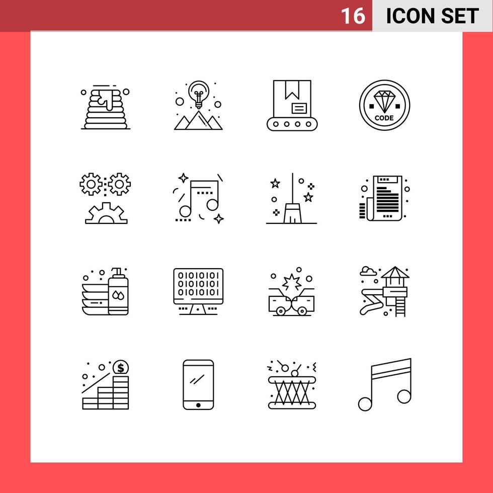 grupo de 16 esboços de sinais e símbolos para programação de engenharia, desenvolvimento de bulldozer, codificação de elementos de design de vetores editáveis
