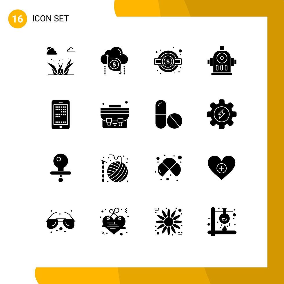 16 conceito de glifo sólido para sites móveis e aplicativos educação água dinheiro hidrante serviço legal elementos de design de vetores editáveis