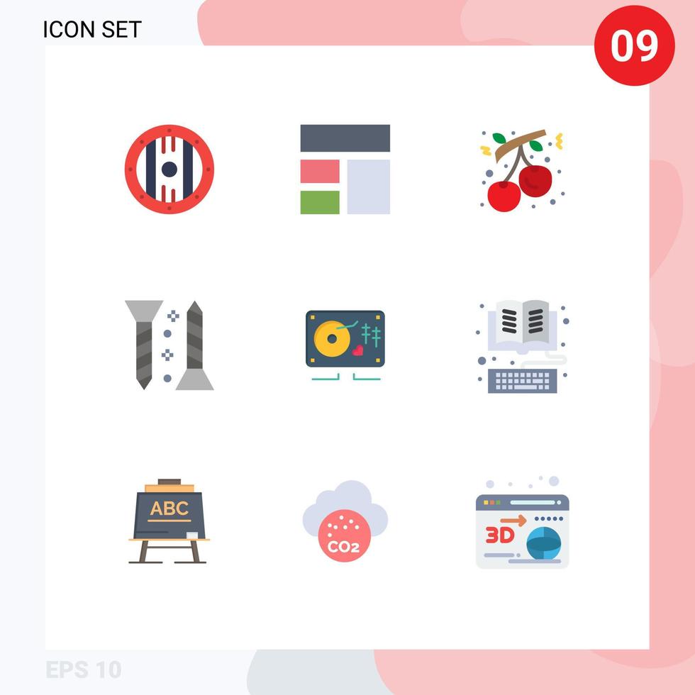conjunto de cores planas de interface móvel de 9 pictogramas de música parafuso de baga autofixante ano novo elementos de design de vetores editáveis