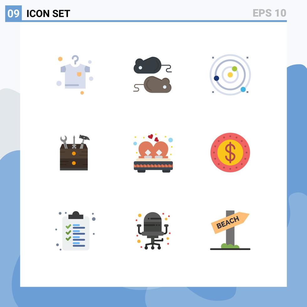 conjunto de pictogramas de 9 cores planas simples de ferramentas de casal sistema planetário ferramenta de carpinteiro elementos de design vetorial editáveis vetor