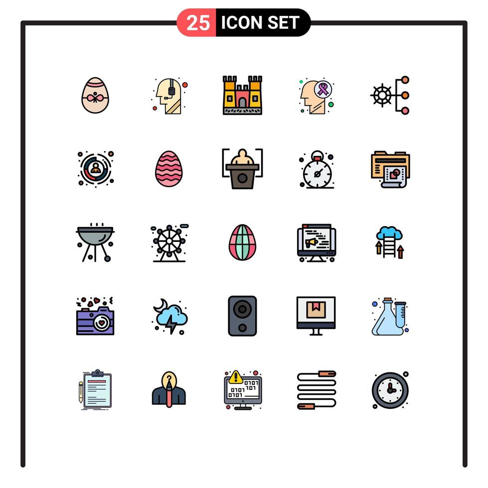 pacote de interface do usuário de 25 cores planas de linha preenchida básica da estrutura da empresa call center câncer doença cerebral elementos de design de vetores editáveis