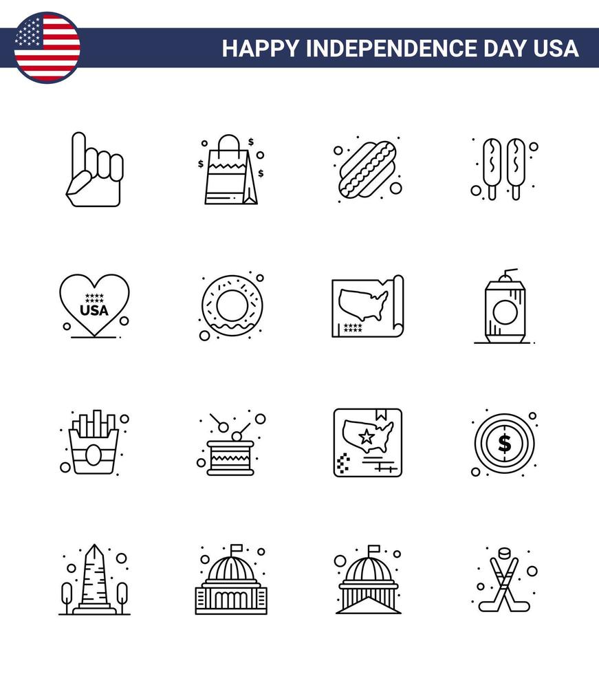 feliz dia da independência 4 de julho conjunto de 16 linhas pictograma americano dos eua amor coração americano cachorro-quente editável dia dos eua vetor elementos de design