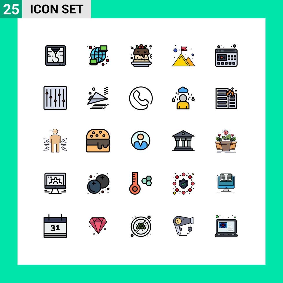 conjunto moderno de 25 cores e símbolos planos de linha preenchida, como o reprodutor de comida de vídeo do site, os principais elementos de design vetorial editável vetor