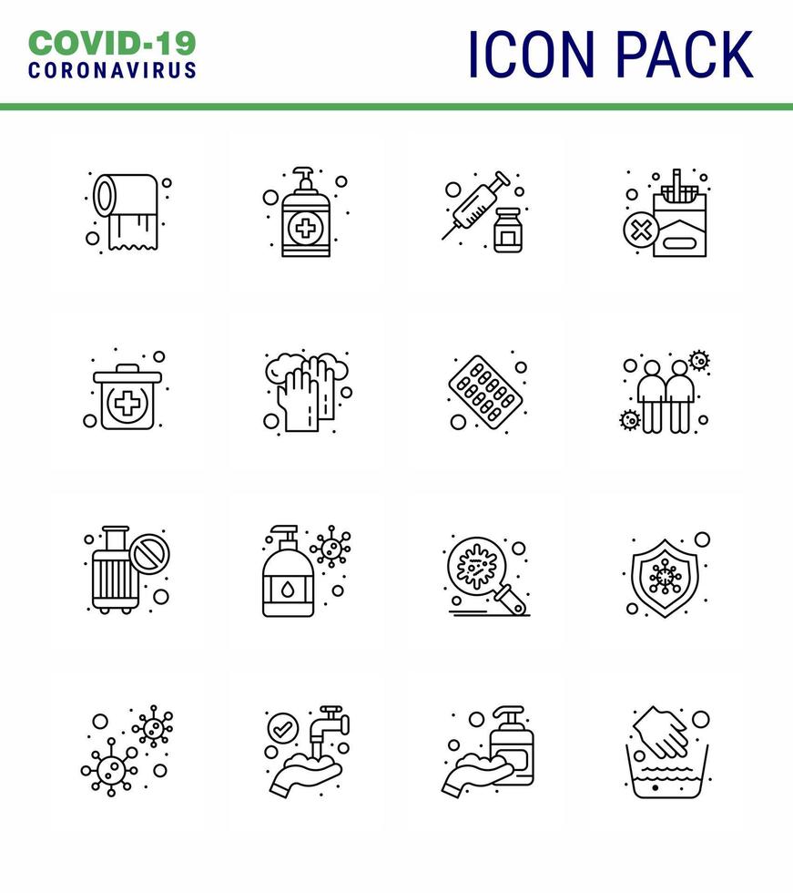 conjunto de ícones covid19 para pacote de 16 linhas de infográfico, como kit de drogas de cigarro, fumo proibido coronavírus viral 2019nov doença vetor elementos de design