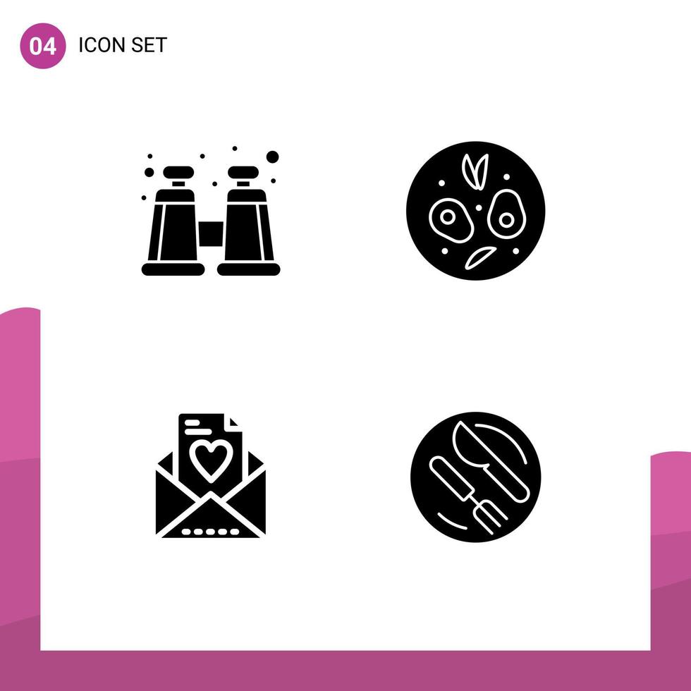 4 conceito de glifo sólido para sites móveis e aplicativos binoculares almoço salada e-mail colher elementos de design vetorial editáveis vetor