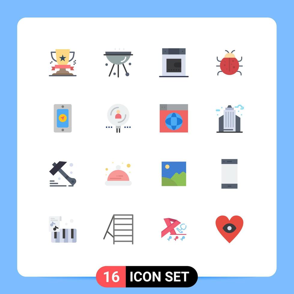 Pacote de cores planas de 16 interfaces de usuário de sinais e símbolos modernos de comida de joaninha de primavera pacote editável de banheiro de insetos de elementos de design de vetores criativos