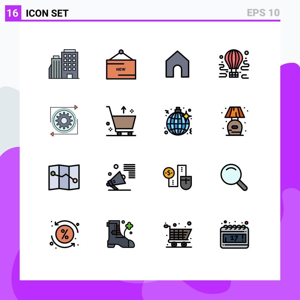 Pacote de linhas preenchidas com cores planas de 16 interfaces de sinais e símbolos modernos de promoção de viagens de negócios, elementos de design de vetores criativos editáveis de ar de negócios