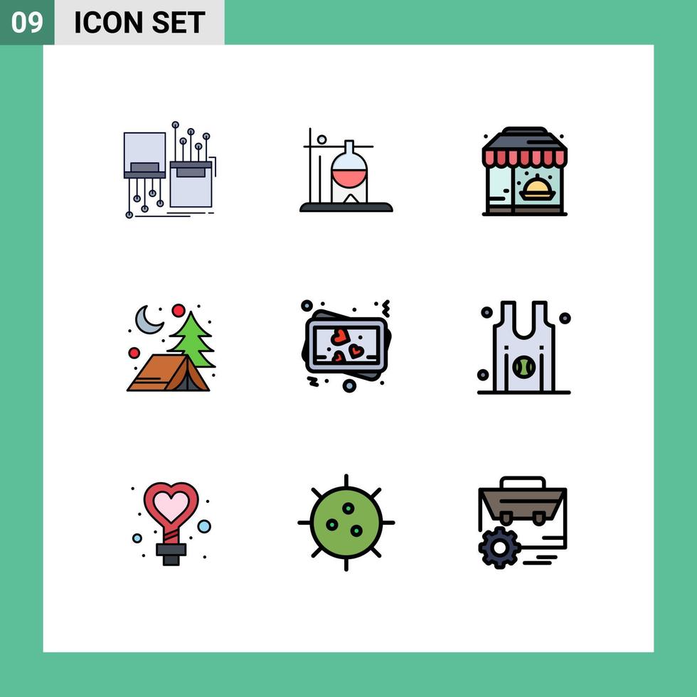 9 interface de usuário pacote de cores planas de linha cheia de sinais modernos e símbolos de elementos de design de vetores editáveis de comida de acampamento de transfusão noturna de memória