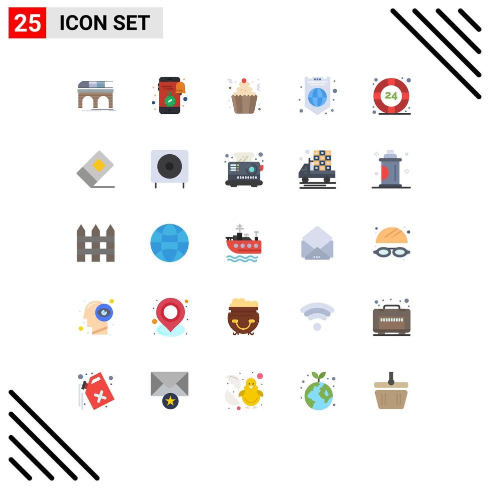 conjunto de cores planas de interface móvel de 25 pictogramas de elementos de design de vetores editáveis de cupcake de festa do relógio global