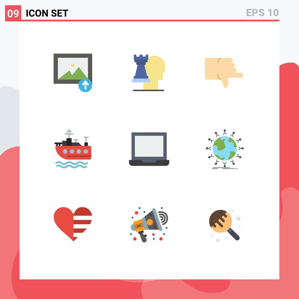 pacote de interface do usuário de 9 cores planas básicas de dispositivos globais para baixo computador nadar elementos de design de vetores editáveis