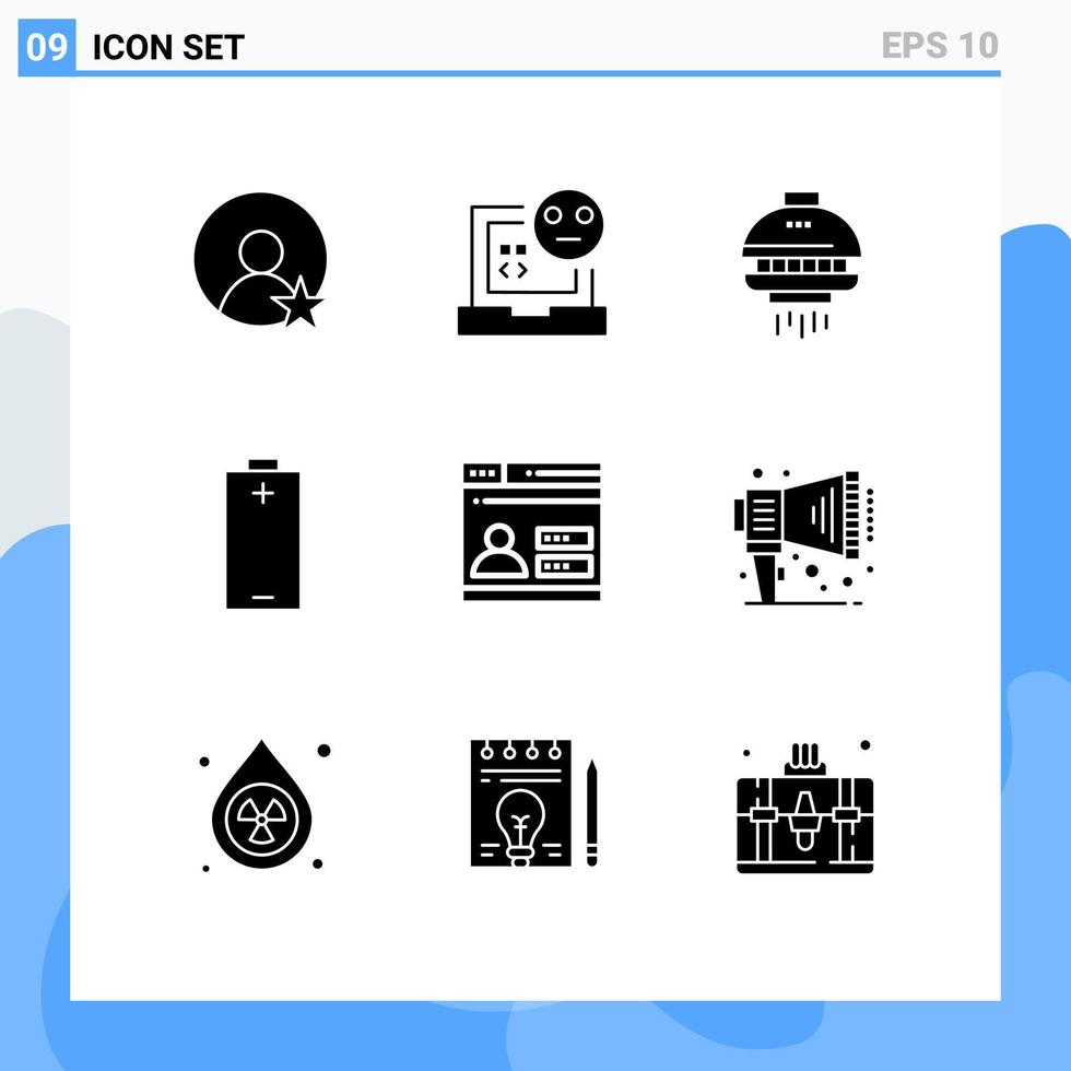 conjunto moderno de 9 glifos e símbolos sólidos, como elementos de design de vetores editáveis de bateria de espaço de energia da web