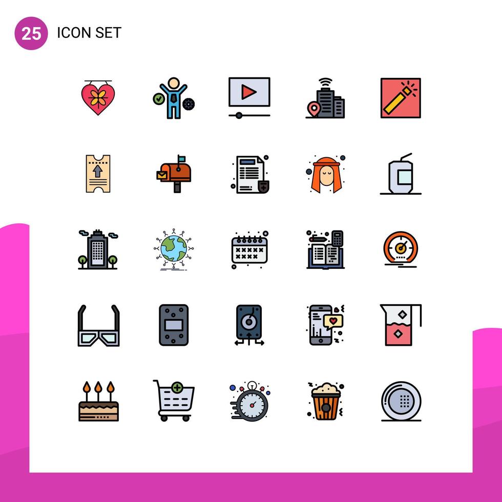 25 interface do usuário linha cheia pacote de cores planas de sinais e símbolos modernos de fotografia de ingressos fotógrafo de filme localização elementos de design de vetores editáveis