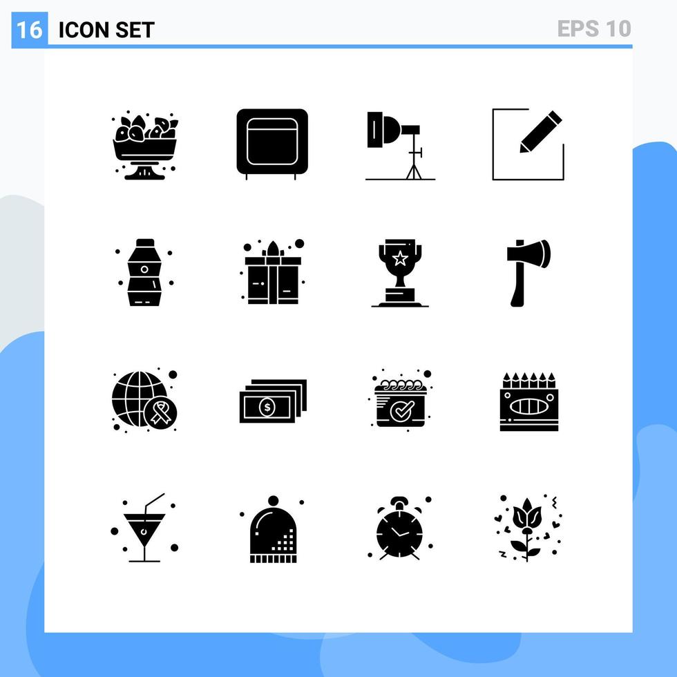 pacote de glifos sólidos de 16 símbolos universais de bebida escrever elementos de design de vetores editáveis de estúdio de edição aberta