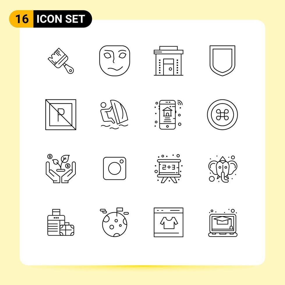 conjunto de esboço de interface móvel de 16 pictogramas de elementos de design de vetor editável de loja de segurança de negócios de escudo de parque