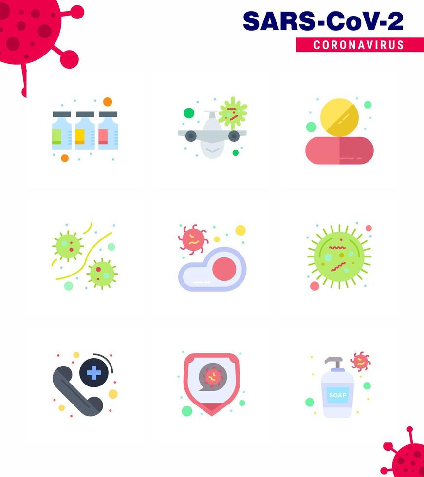 conjunto de ícones de prevenção de coronavírus 9 ícone de cor plana, como germes de plasma, vírus, bactéria, pílula, coronavírus viral, elementos de design de vetor de doença de 2019nov