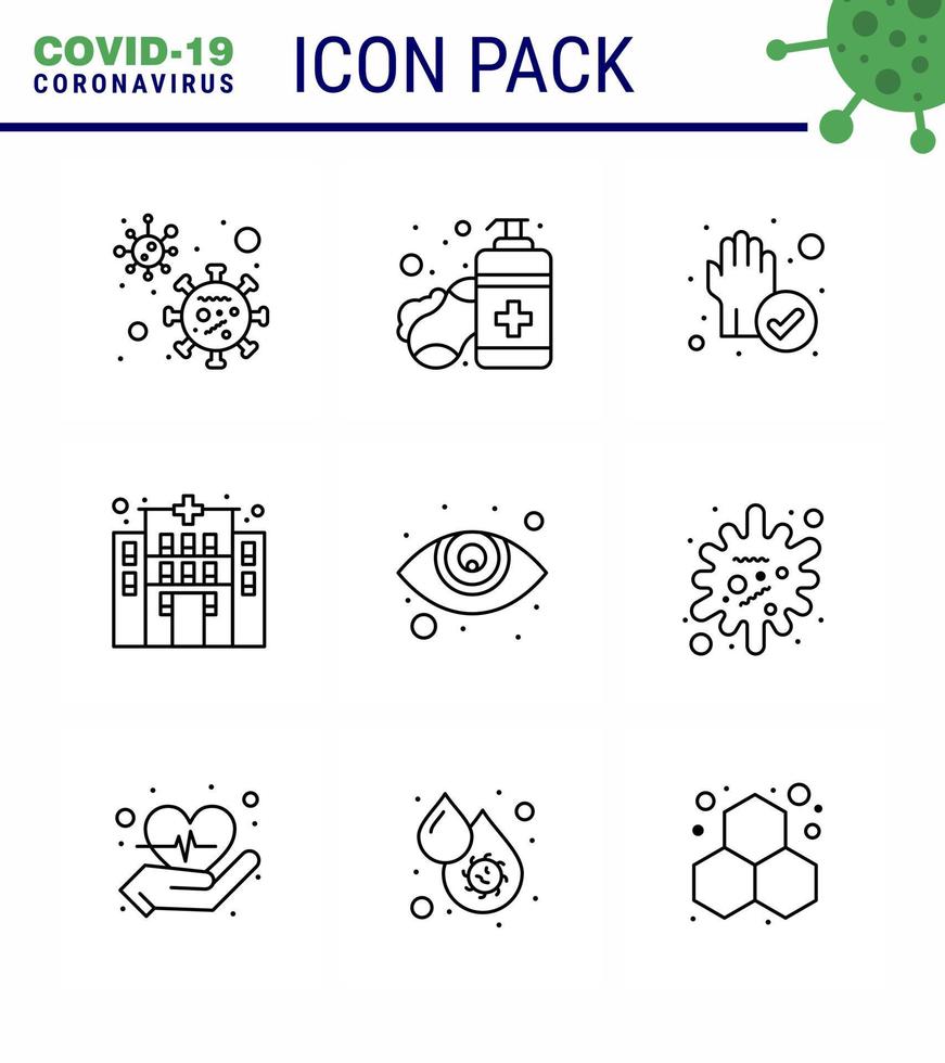 Ilustrações vetoriais de pandemia de vírus corona de 9 linhas oftalmologia cuidados com os olhos construção de hospitais de mão coronavírus viral doença de 2019nov vetor elementos de design