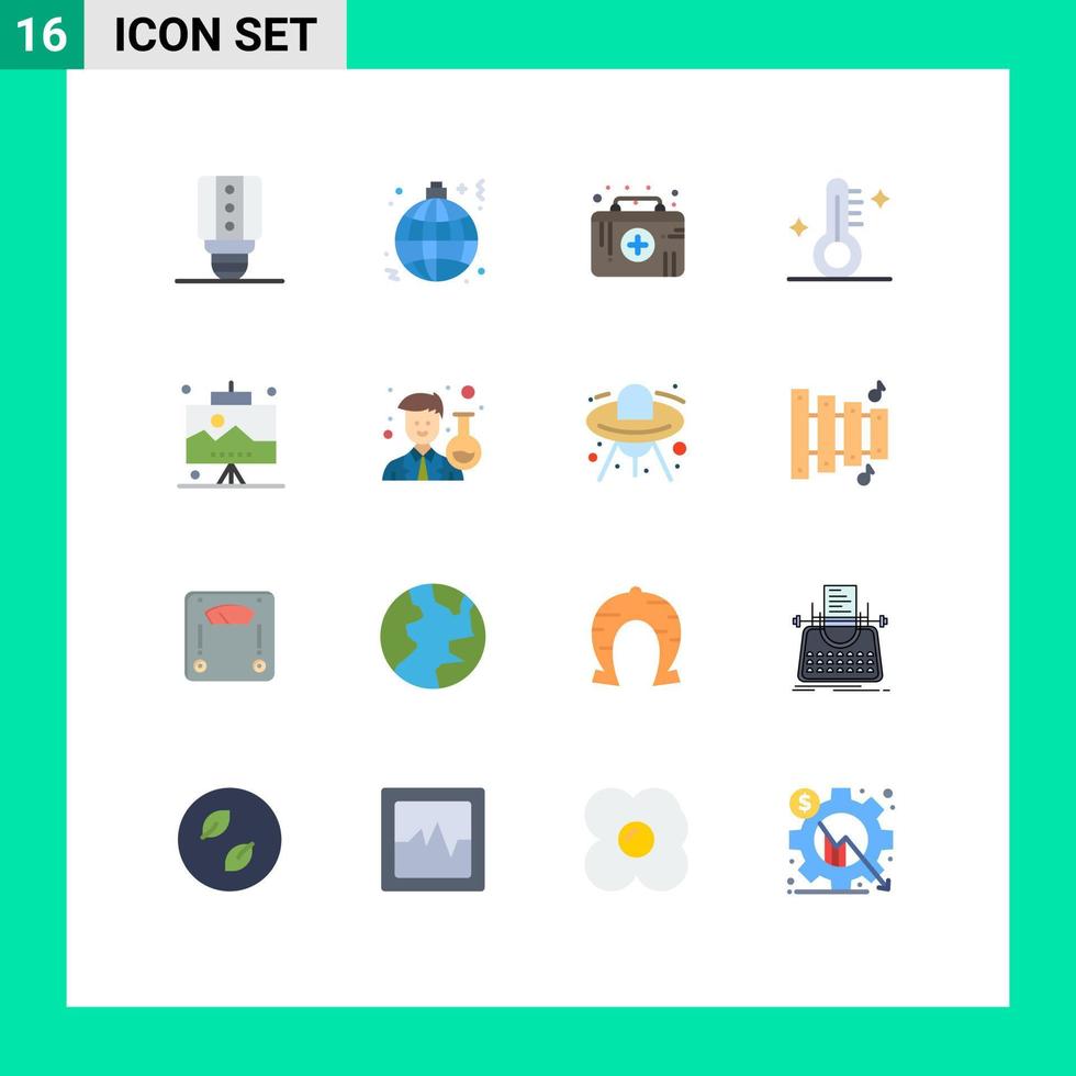 Pacote de cores planas de 16 interfaces de usuário de sinais e símbolos modernos de kit de primeiros socorros para clima de escritório termômetro pacote médico editável de elementos de design de vetores criativos