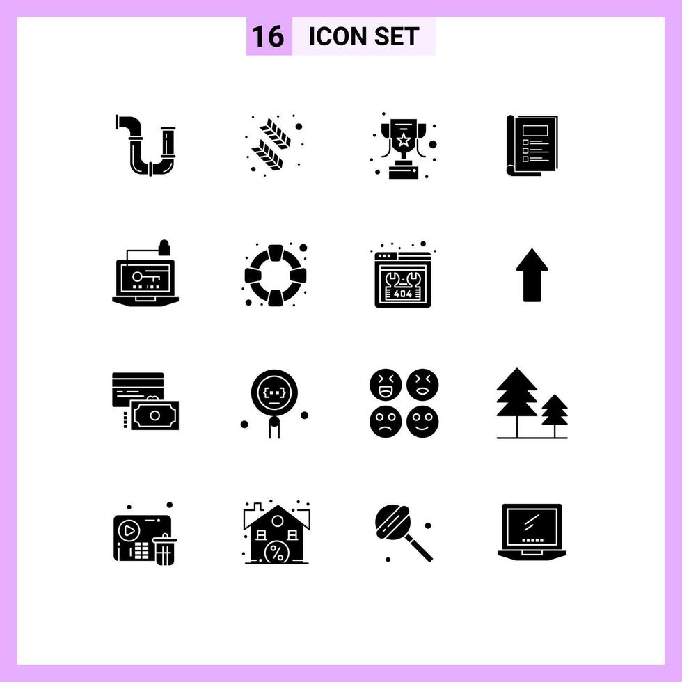 conjunto de pictogramas de 16 glifos sólidos simples de relatório de computador, livro de layout de penas de quinn, elementos de design de vetores editáveis