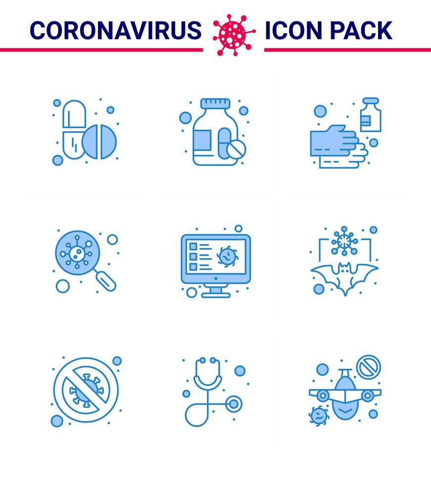 ícone de conscientização de coronavírus 9 ícone de ícones azuis incluído varredura de computador germes de mão bactérias virais coronavírus doença de 2019nov vetor elementos de design