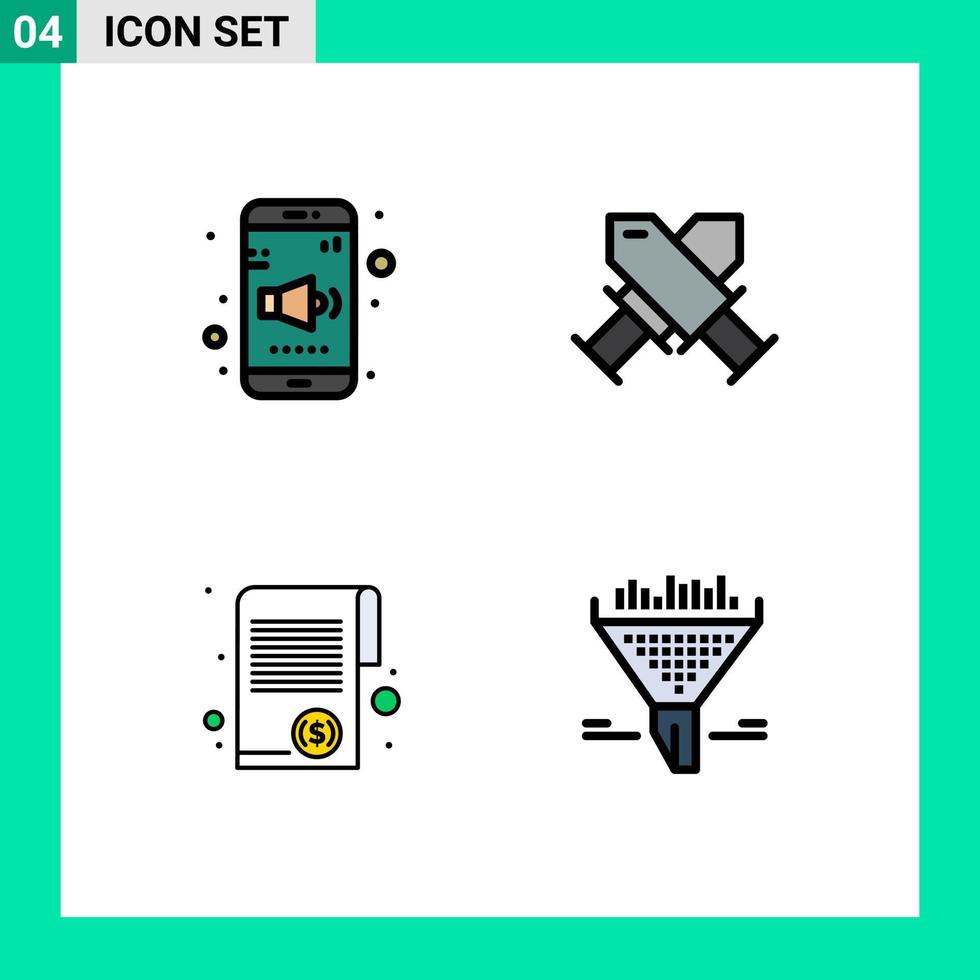 pacote de cores planas de linha preenchida de 4 símbolos universais de elementos de design de vetores editáveis de distintivo de volume de finanças de aplicativos