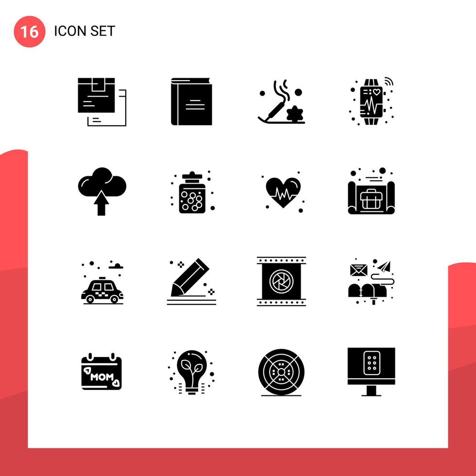 pacote de linha vetorial editável de 16 glifos sólidos simples de batimento cardíaco dispositivo de livro aberto inteligente bastão de incenso elementos de design vetorial editáveis vetor